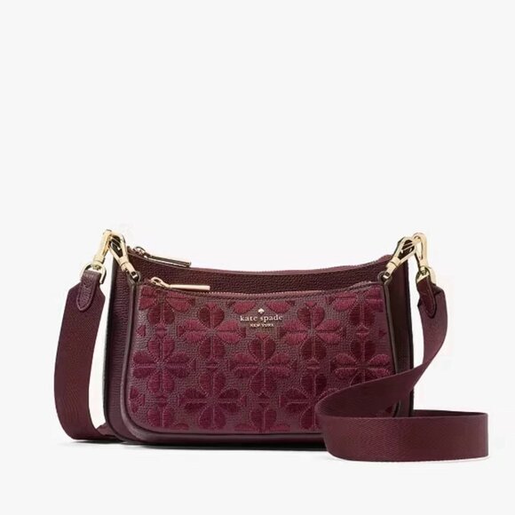 Kate Spade Duet Spade Flower Embroidered Small Crossbody Bag, Dark Merlot - Picture 1 of 5